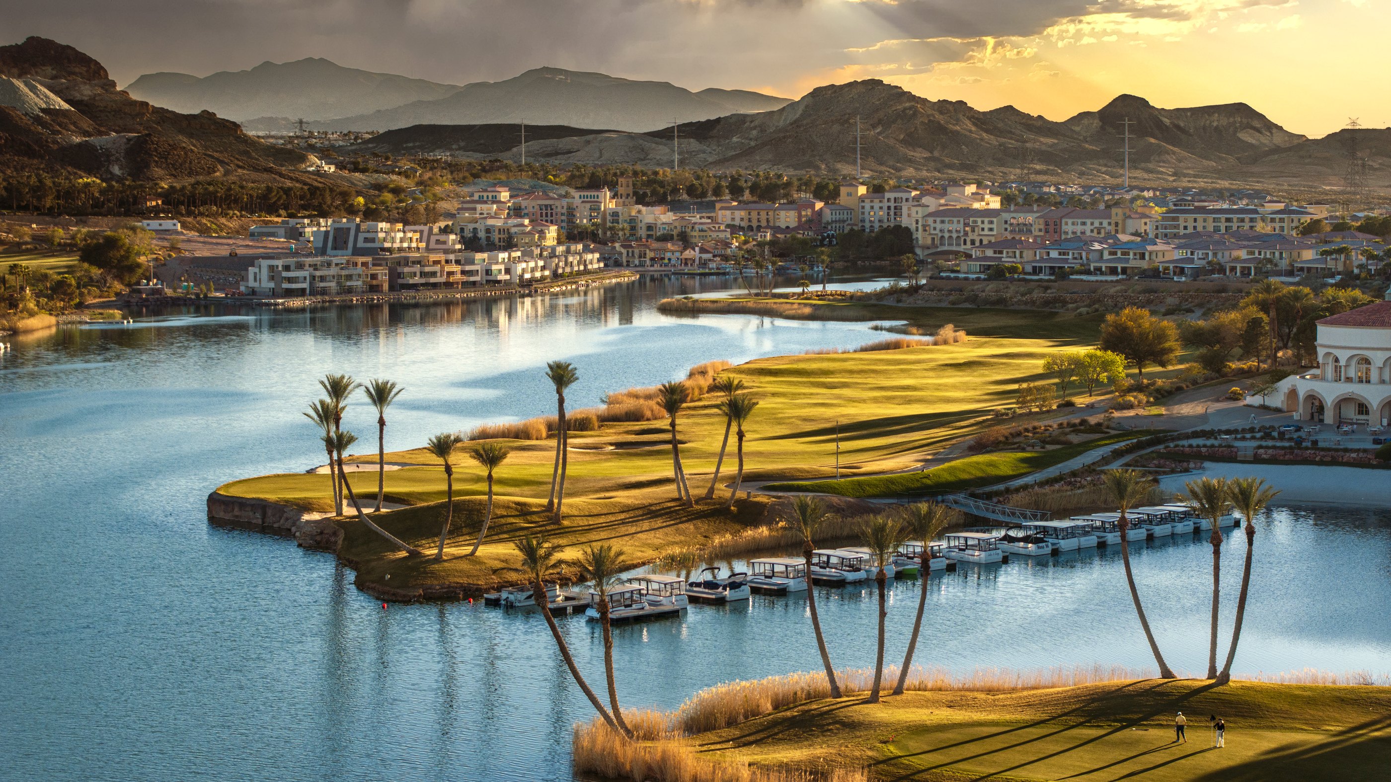 Lake Las Vegas golf course and marina at golden hour