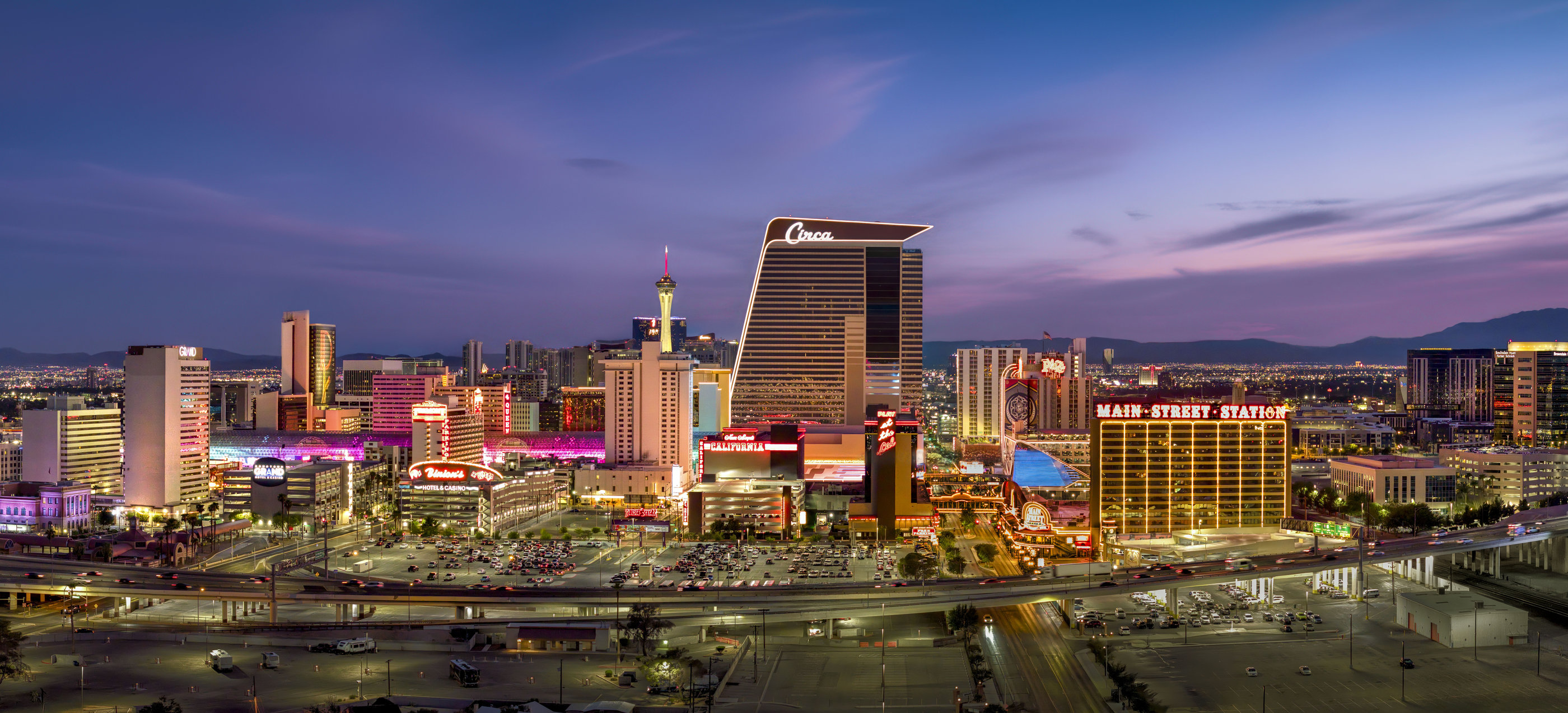 Downtown Las Vegas and Circa skyline at twilight