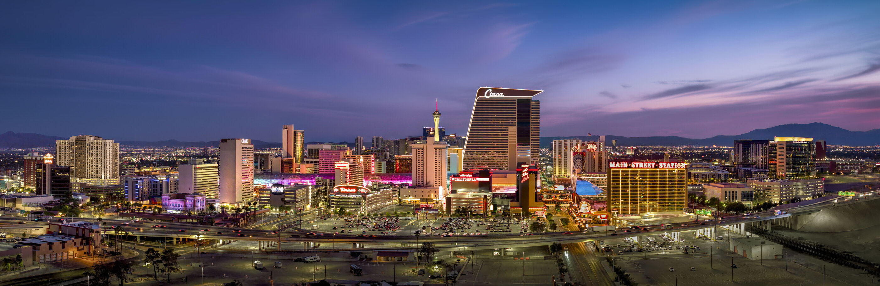 Downtown Las Vegas skyline at twilight from the air