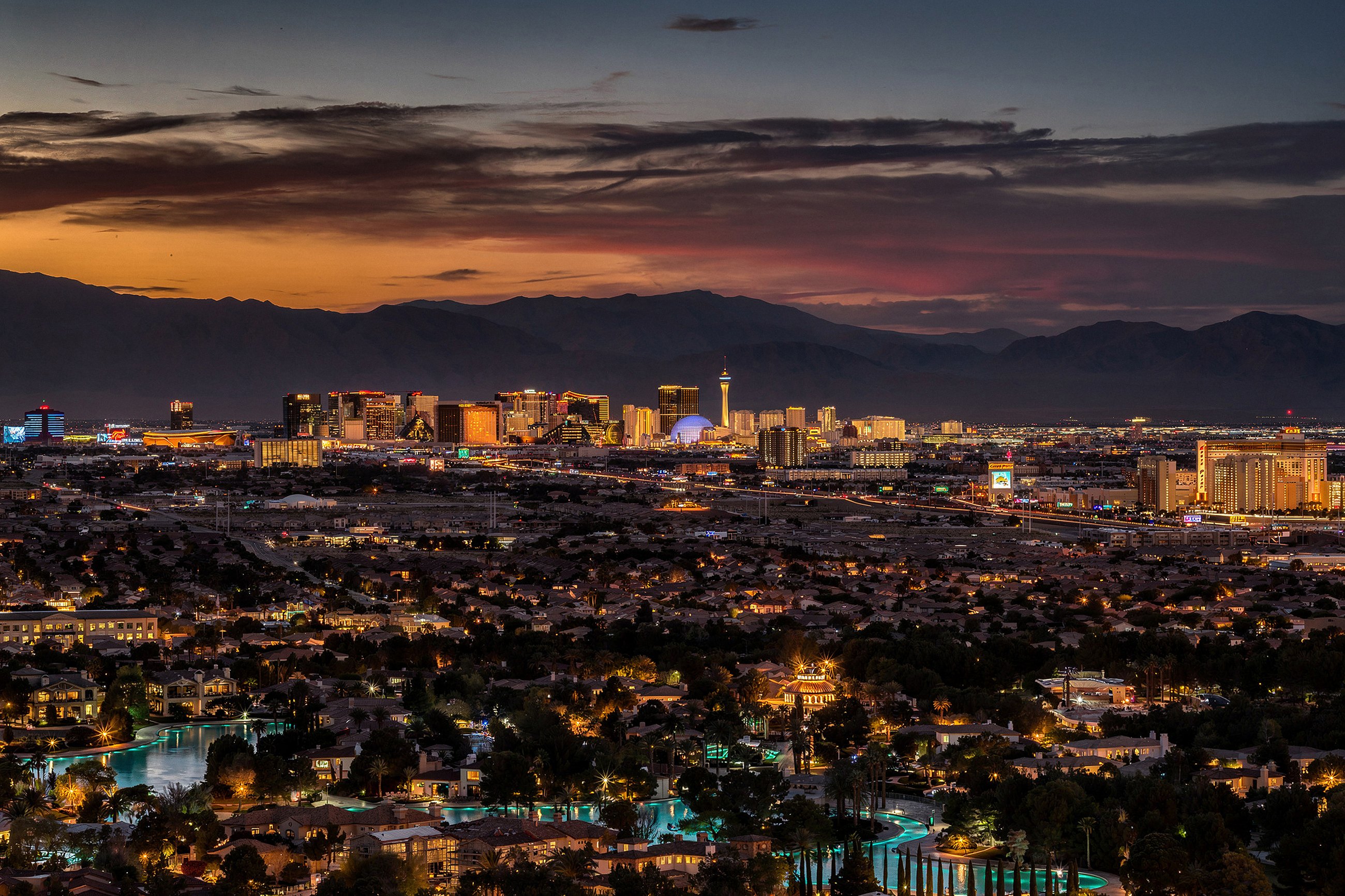 Las Vegas Strip at dusk with turquoise lagoons — portfolio frame 42